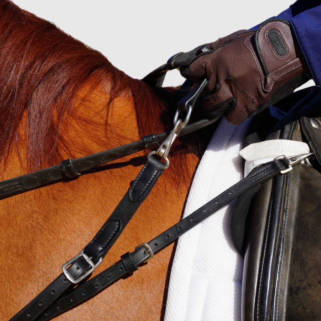 Close up, side angle image of the 3-in-1 Training Breastplate T-Grips on a brown horse.