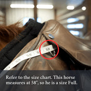 Horse saddle with a measuring tape indicating a measurement of 58 inches, with text referring to a size chart.