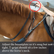 Person adjusting a 3-in-1 Training Breastplate with text on proper breastplate and T-grip placement.