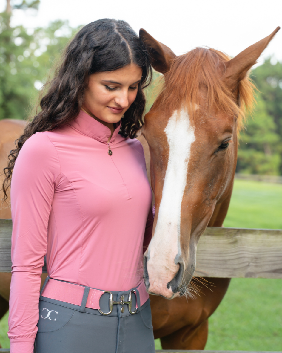 Woman in pink long-sleeve top and gray pants standing next to a brown horse with a white stripe on a wooden fence.
